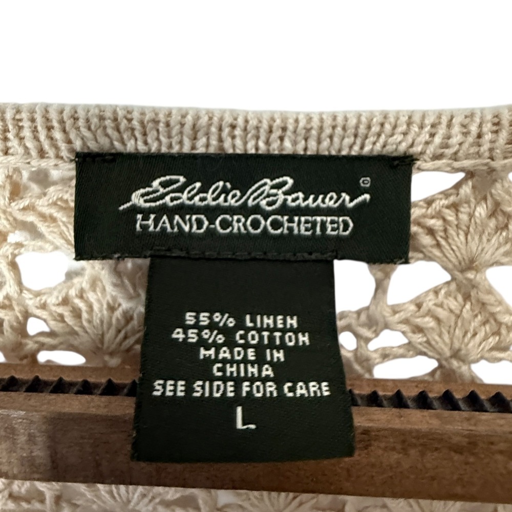 Eddie Bauer Women Beige Hand Crocheted Linen Cotton Cardigan Sweater Size L Boho - Picture 7 of 9